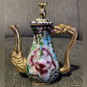Vtg Chinese Cloisonne Floral Mini 5” Teapot Elephant Spout Dragon Handle w/ Lid